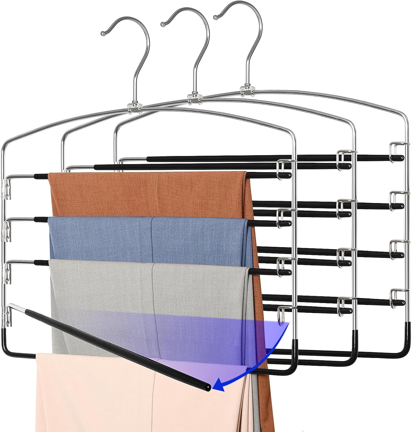 TOPIA HANGER Pant Hangers Space Saving 3 Pack Yoga Pants Leggings Hangers for Closet Non Slip 5 Tier Swing Arm Hanger Organizer for Pants Yoga Pants Leggings