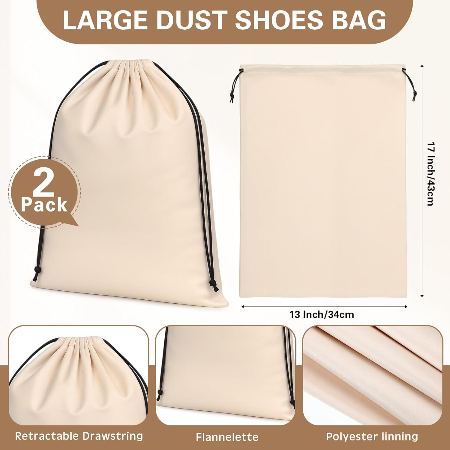 2 Pcs Silky Velvet Shoe Bags for Travel Cloth Dust Pouch with Drawstring Closure Beige Storage Packing Organizers โ image 4