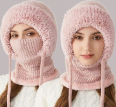 Winter Corn Velvet Hooded Scarf Mask Set - 3-in-1 Thermal Fleece Lined Balaclava for Extreme Cold - Windproof Face Cover for Skiing Cycling - Pink (2-Pack Same