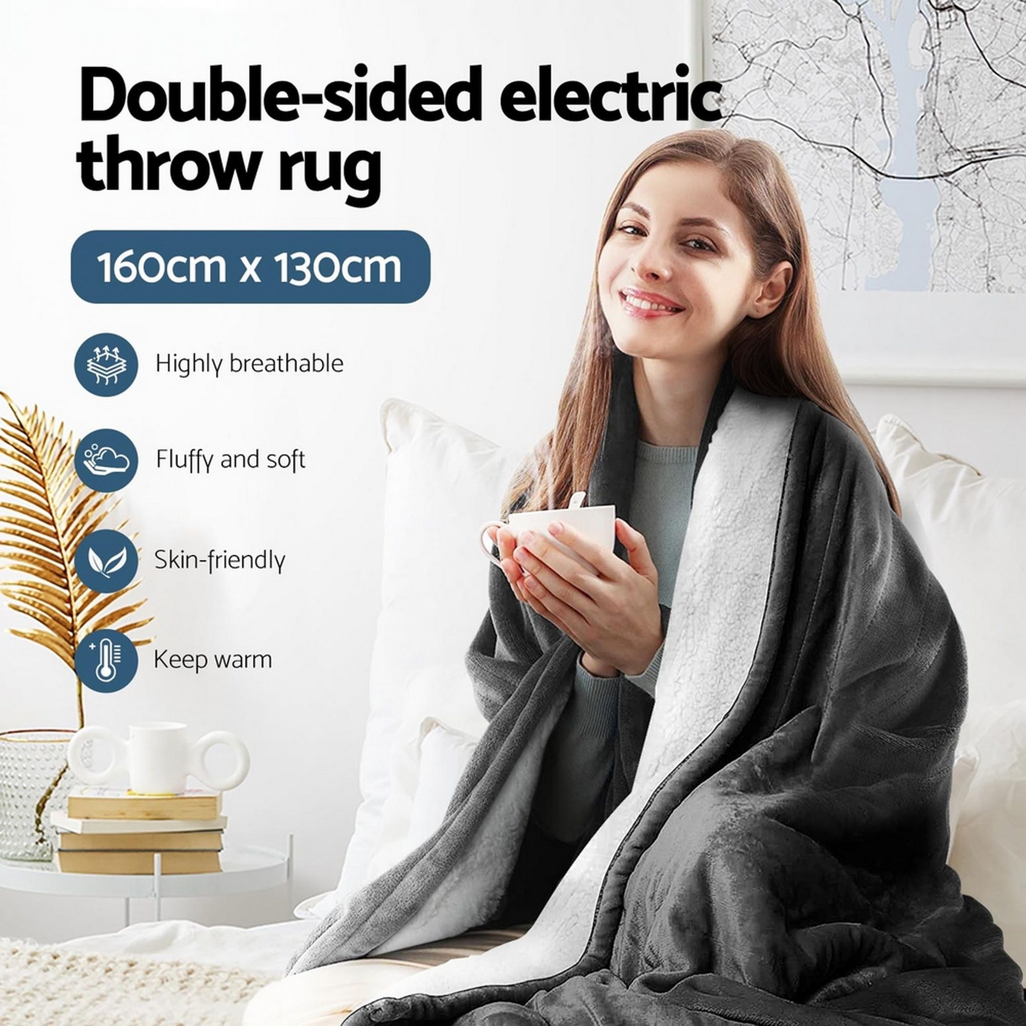 Giselle Electric Throw Rug Heated Blanket Washable Snuggle Flannel Winter Grey โ image 3