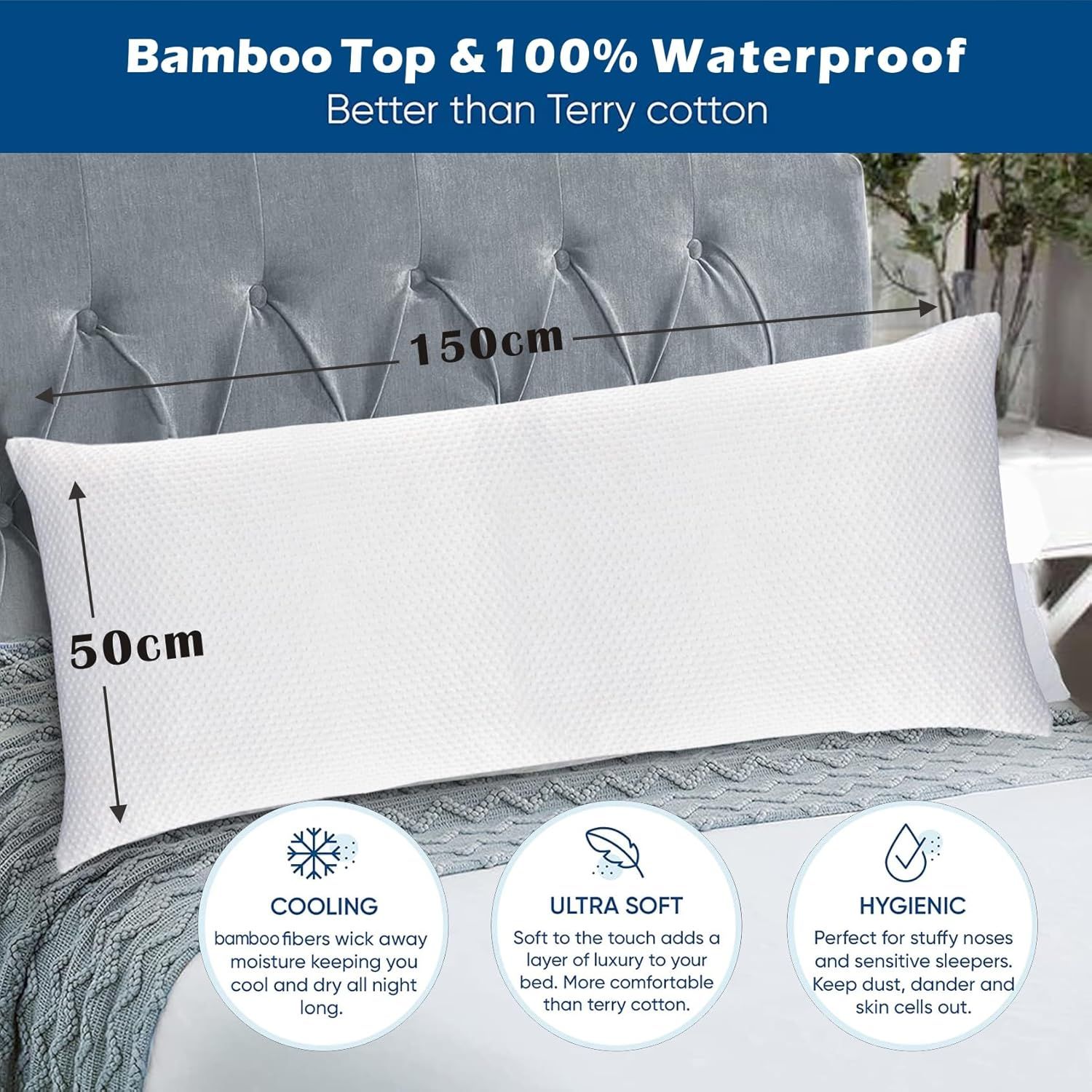 Waterproof Bamboo Pillow Protector Cover,100% Bug Water Proof Zippered Pillow Cases Body Size (1 Pack, White,50cm x 150cm) — image 3