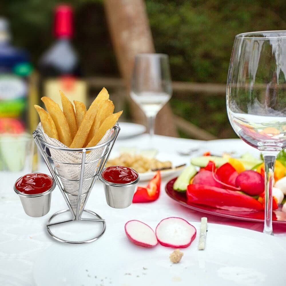 potato chip cone-shaped metal wire basket with dipping sauce snack appetizer rack, suitable for kitchen and family gatherings — image 2