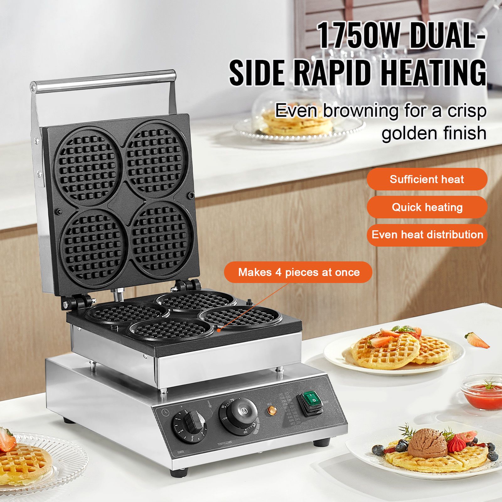Commercial Waffle Maker, 4PCS Round Waffle Baker Machine, 1750W Non-Stick Stainless Steel Belgian Waffle Iron with Temperature and Time Control — image 2
