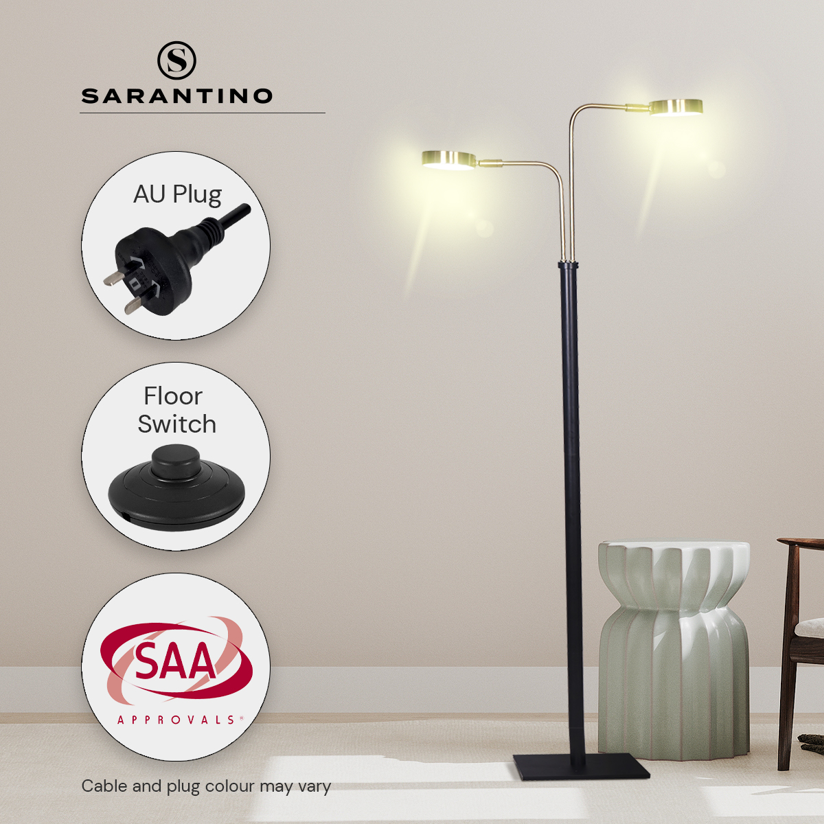 Sarantino Dual LED Floor Lamp Adjustable Black Metal & Brushed Gold Twin Reading Task Standing Light for Home Office — image 6