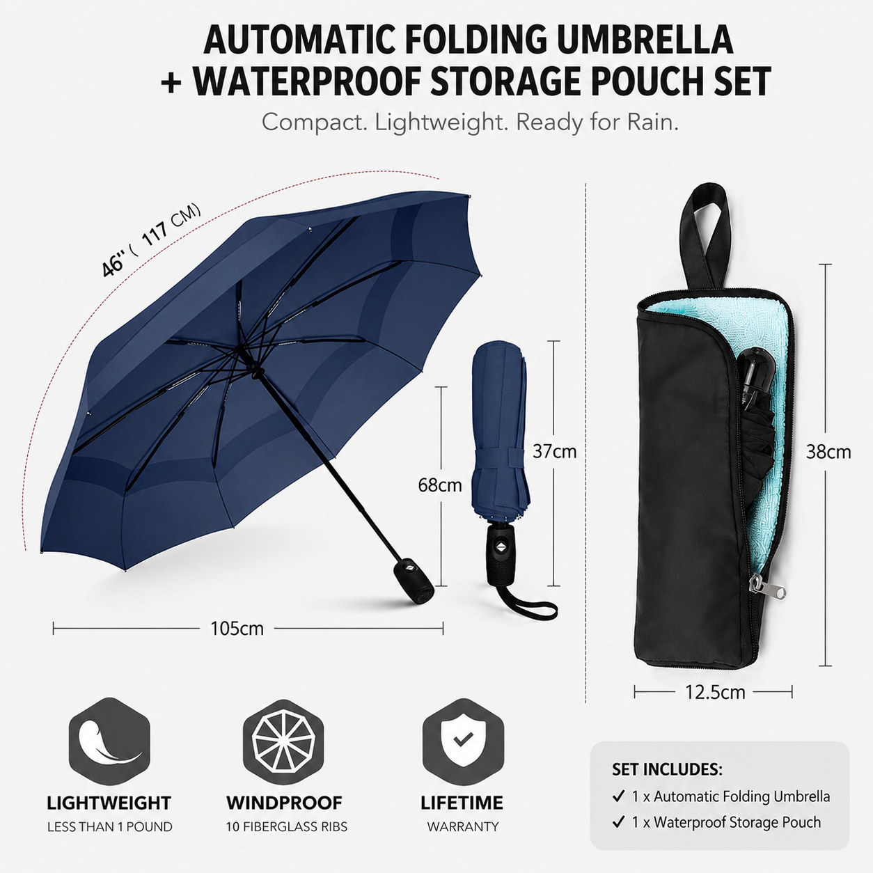 46 inch Navy Blue Windproof Automatic Travel Folding Umbrella and Black Absorbent Hanging Storage Pouch Set – Compact 3-Fold Auto Open Close Umbrella wth