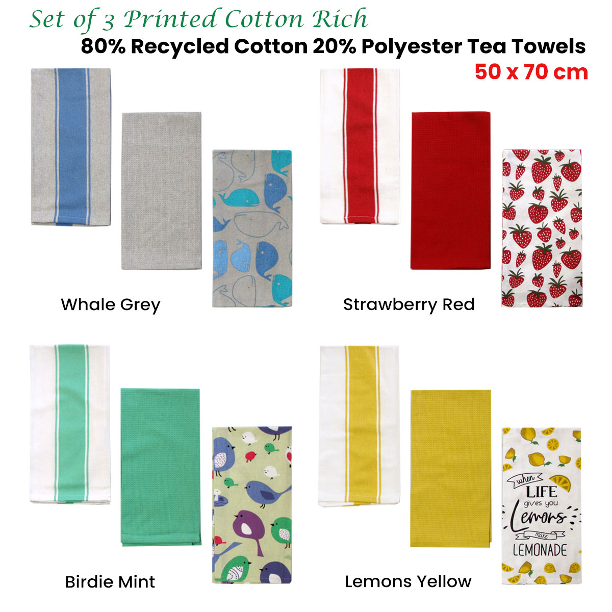 Home Oasis Set of 3 Printed Cotton Rich Tea Towels 50 x 70 cm Strawberry Red โ image 4