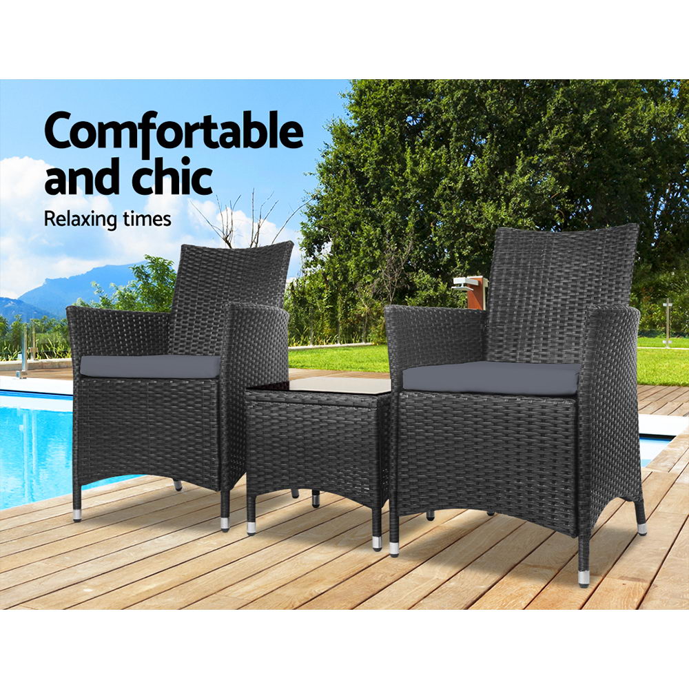 Gardeon 3PC Outdoor Bistro Set Patio Furniture Wicker Chairs Table Cushion All Black โ image 3