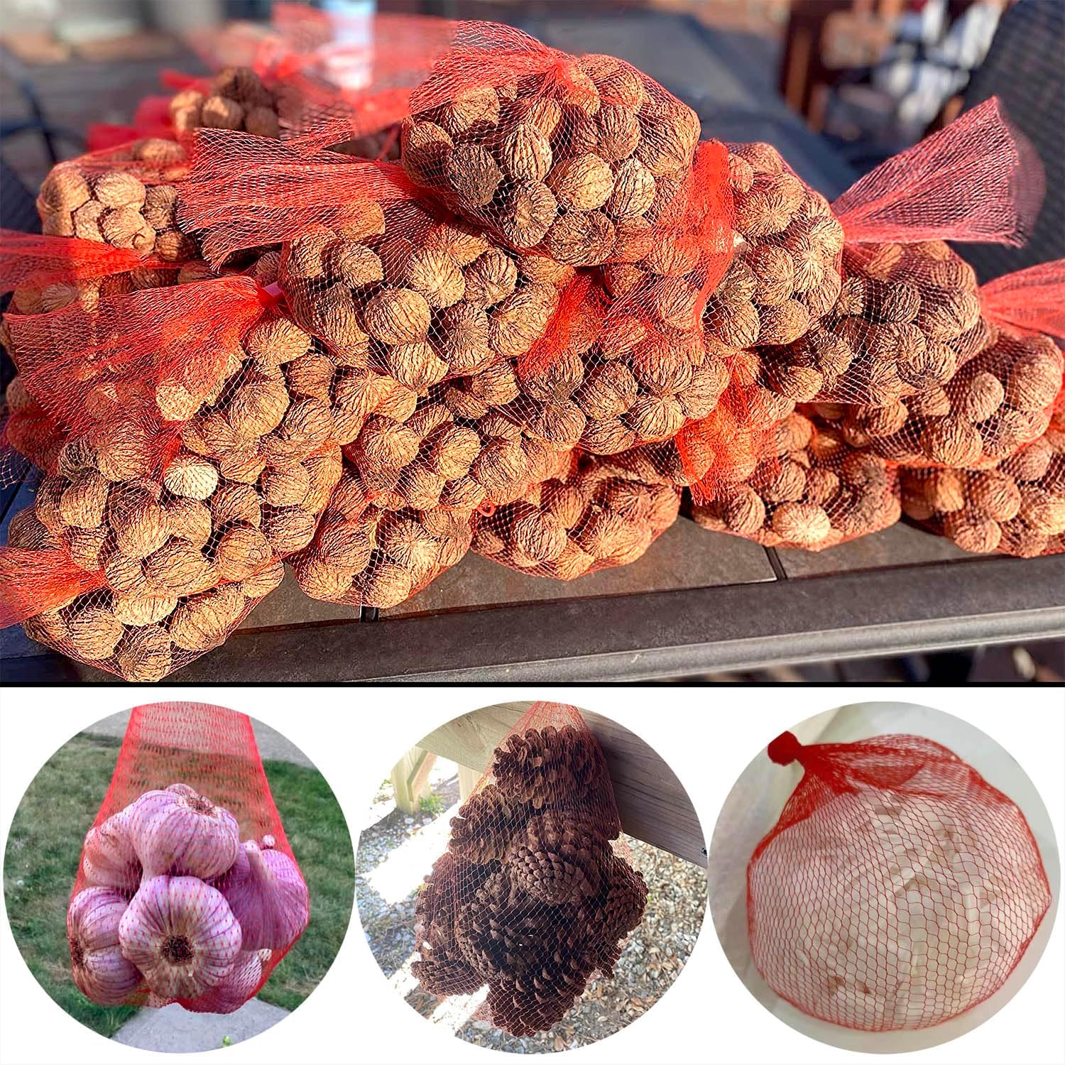 100Pcs Reusable Mesh Produce Bags Nylon Netting, 20 Inch Red Seafood Bag Onion Potato Garlic Storage Bag — image 3