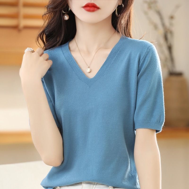 Women V Neck Knit Sweater Half Sleeve Pullover Beige XL Size: XL; Height (cm): 170-175; Weight (kg): 60-65; Bust (cm): 94-98; Waist (cm): 78-82; Shoulder width โ image 6