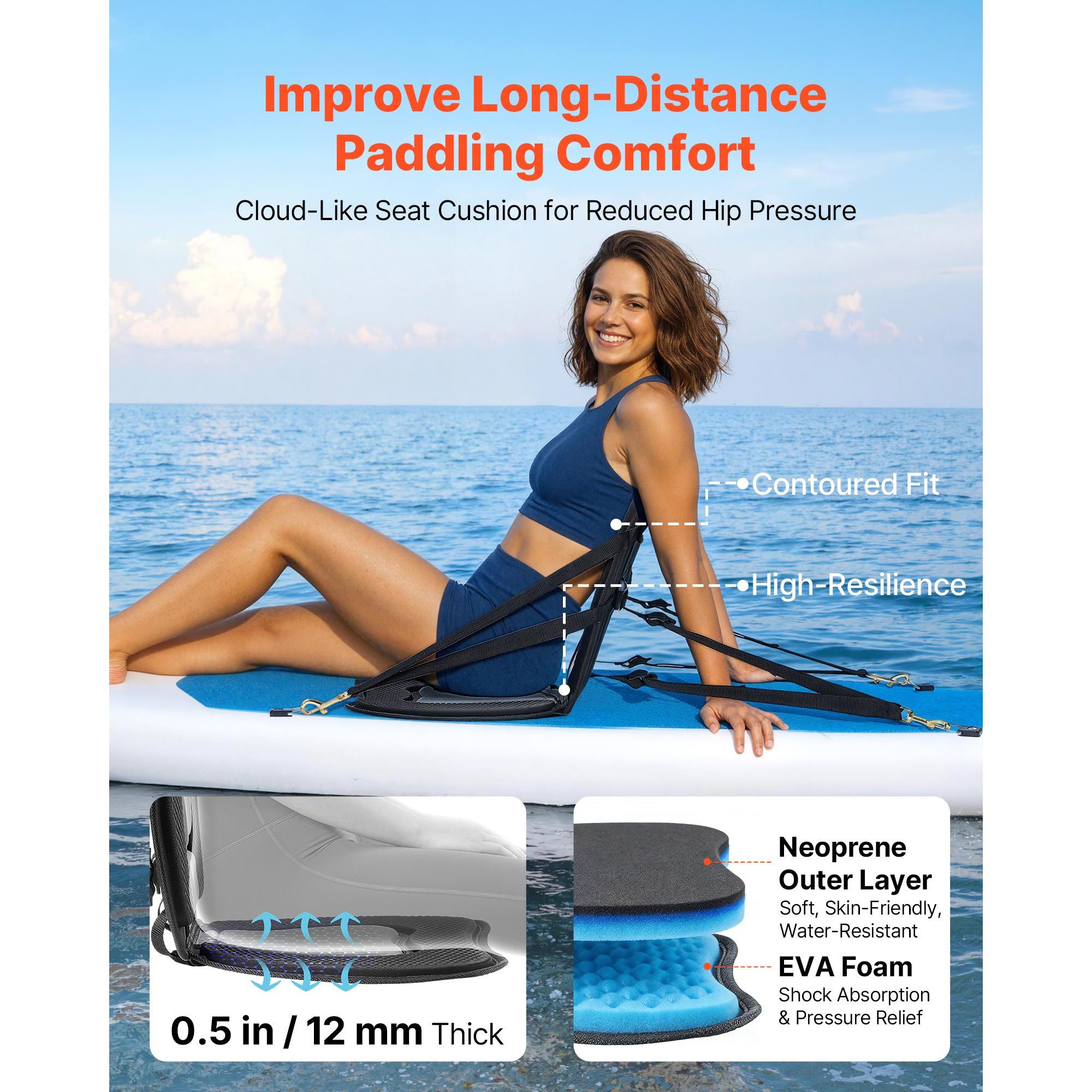 Kayak Seat, 1 Pack 12 mm Thick, Universal Paddle Board Seat with Back Support, Sit-on-Top Soft Padded Cushion with Storage Bag & Adjustable Straps for SUP — image 2