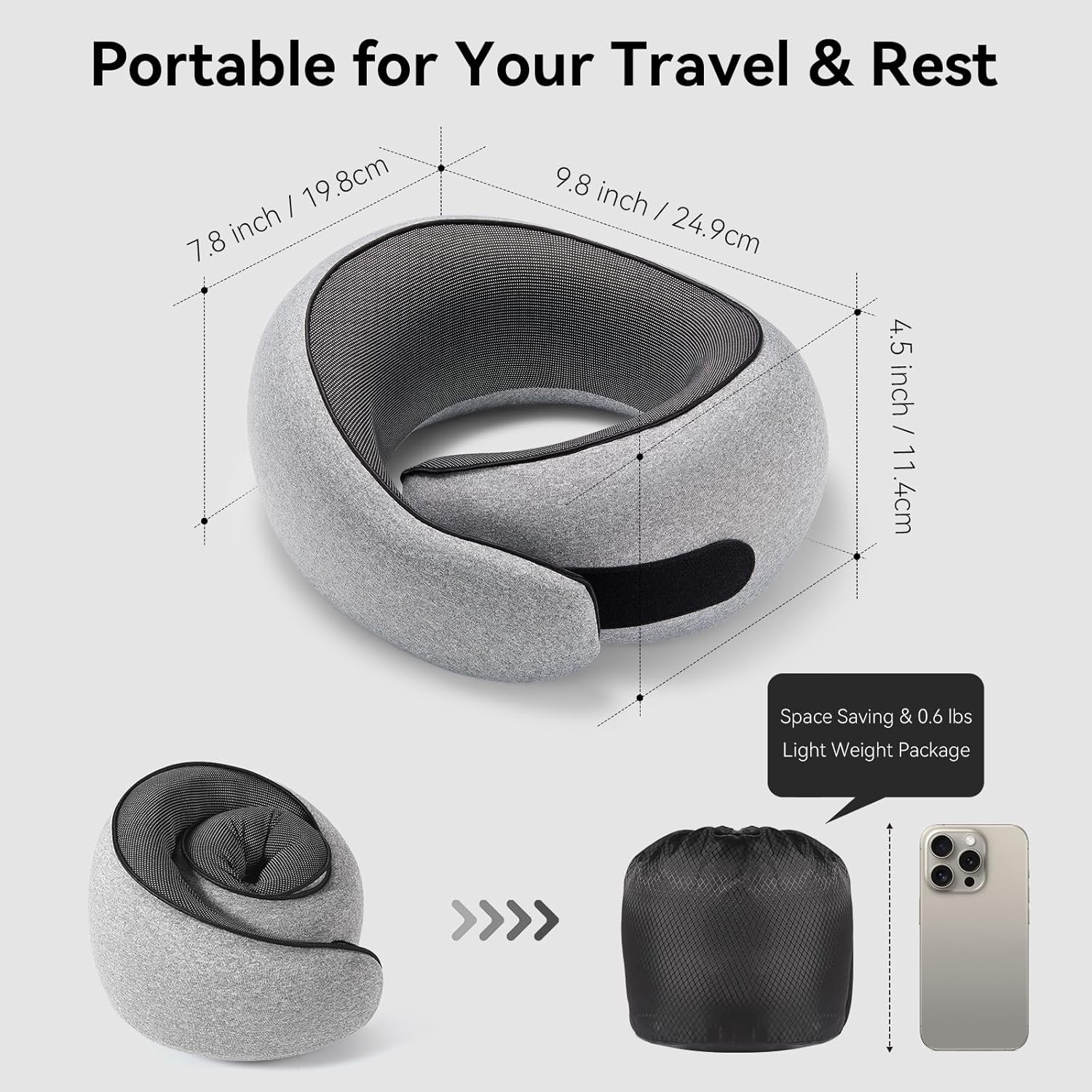 Travel Pillow, 100% Pure Memory Foam Neck Pillow for Airplanes, Comfortable Breathable Cover, Travel Essentials for Plane, Car, Train and Home, Gray — image 5