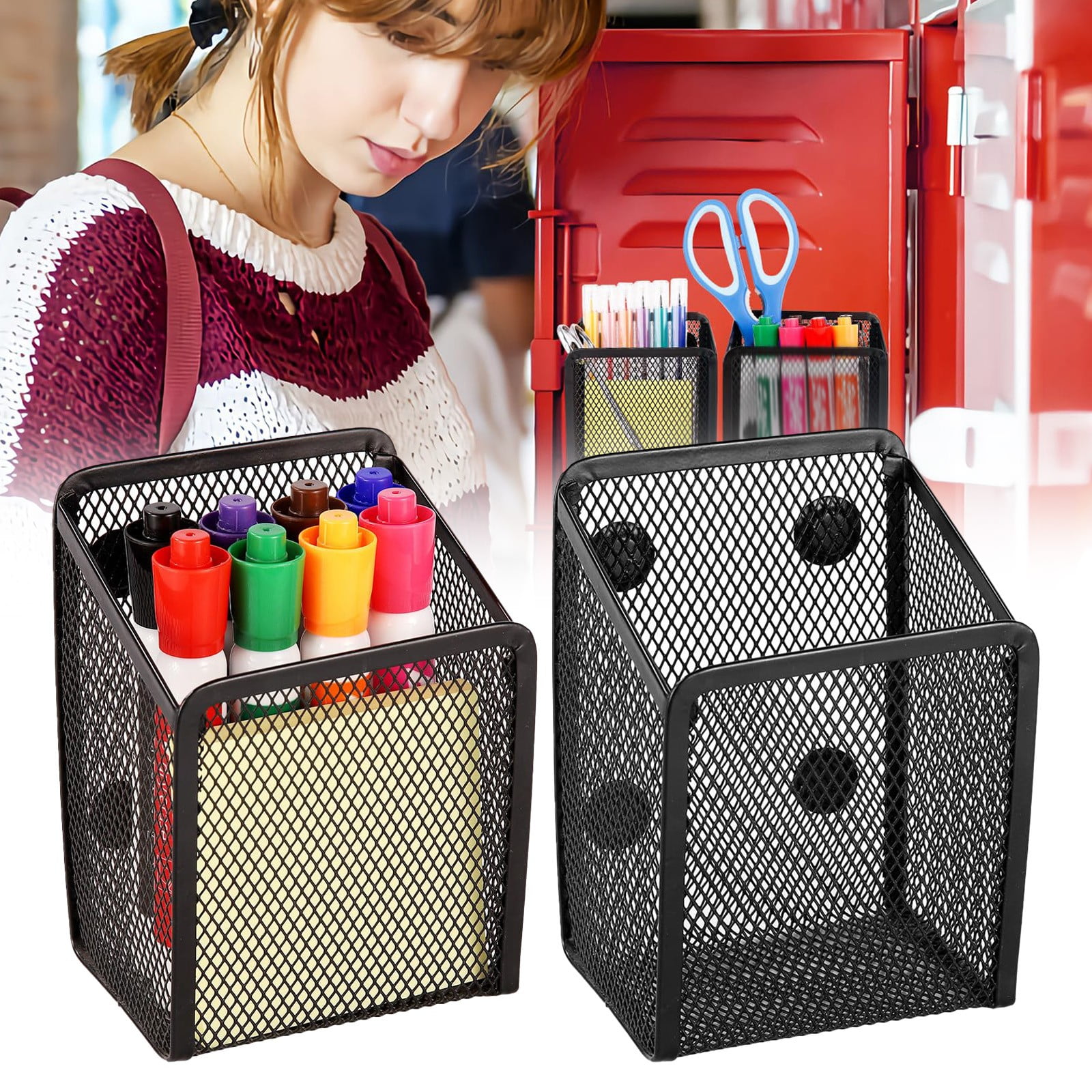 Magnetic Mesh Pencil Holder, Strong Metal Pen Organiser for Whiteboards, Refrigerators and Lockers, Black โ image 2
