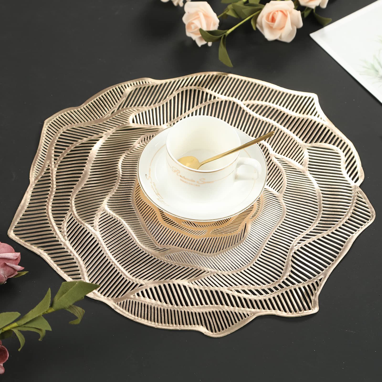 Gold Placemats Pressed Vinyl Round Placemats Set of 4 Pretty Rose Shape Design Washable Dining Table Decoration Mats — image 4