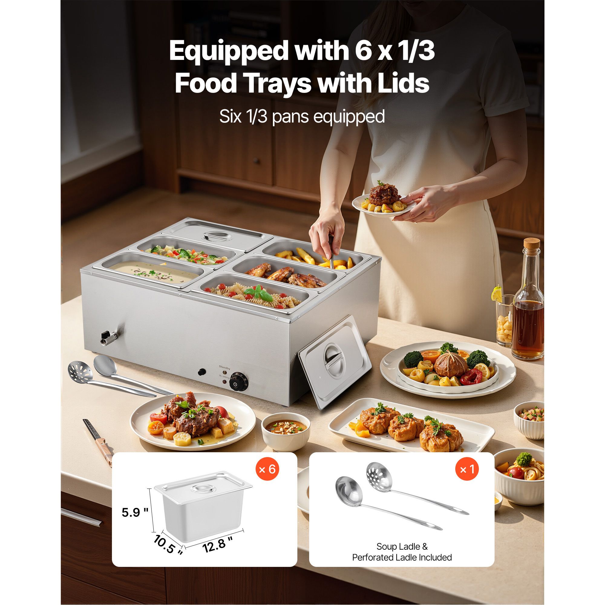 Commercial Food Warmer, 1500W Electric Stainless Steel Steam Food Warmer with Lid, 6-Pan Fast Heating Countertop Buffet Bain Marie with Soup & — image 3