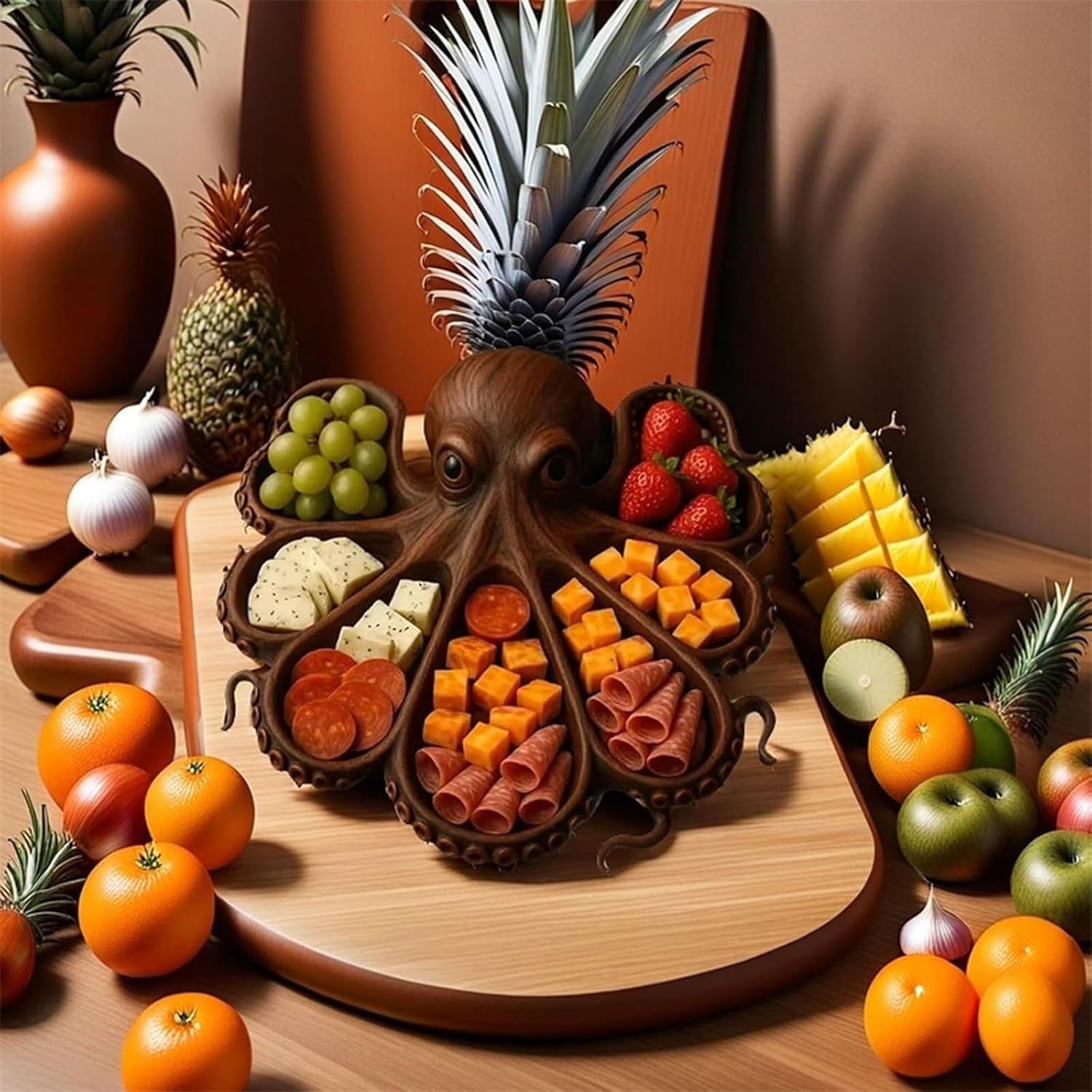 Style A Brown Artisan Crafted Solid Wood Octopus Charcuterie Board - Unique Appetizer & Cheese Serving Platter โ image 2