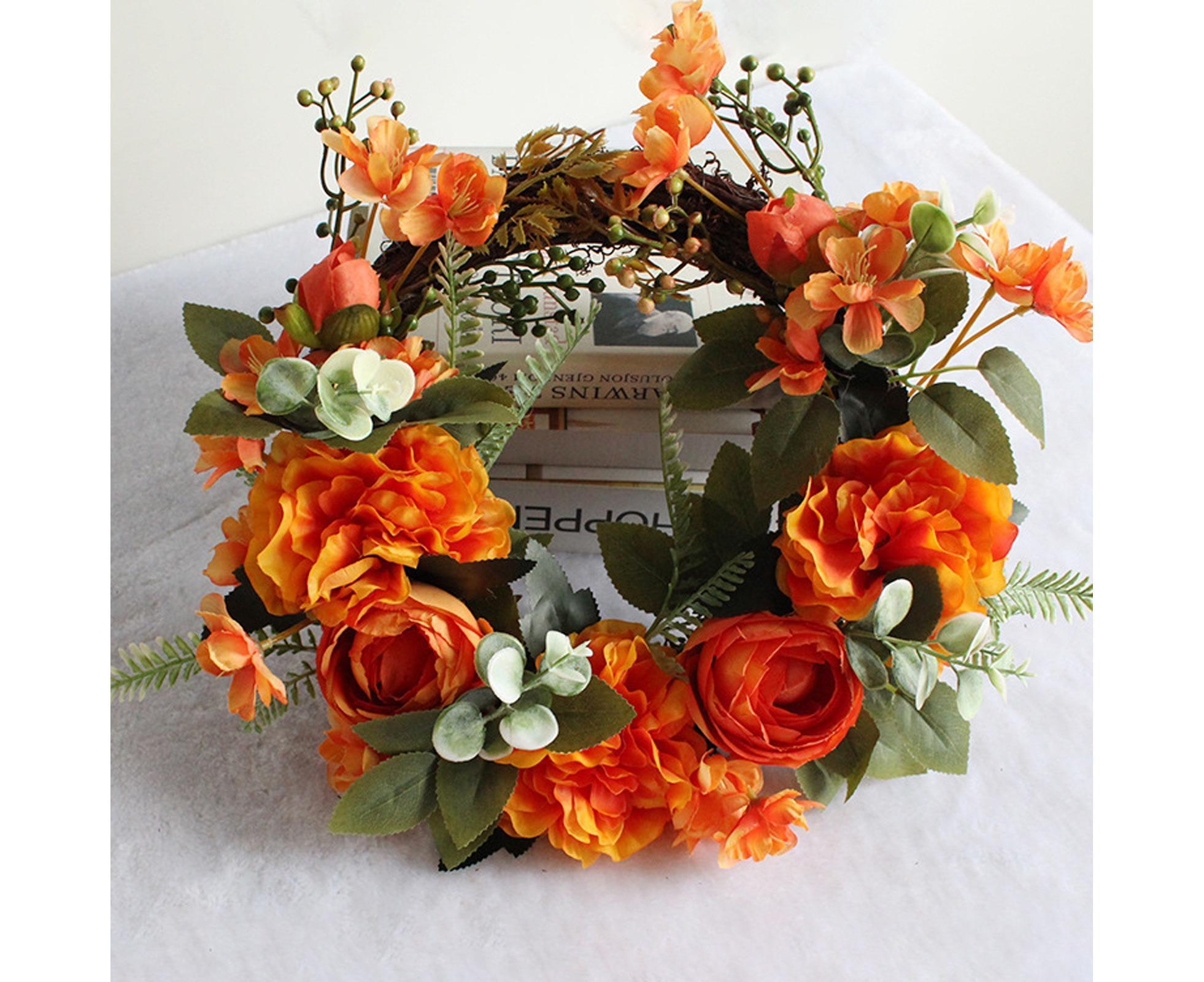 Hanging Wreath Exquisite Anti-deform Plastic Imitation Peony Flower Garland Pendant for Wedding-Dark Orange — image 3