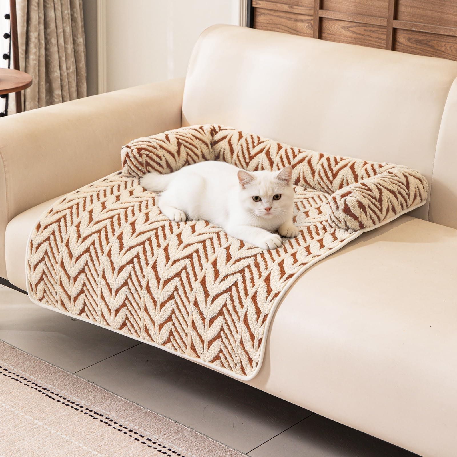 Ultra-Soft Plush Pet Sofa Bed with Bolster Support, Washable Couch Protector Mat for Cats and Small to Medium Dogs, Multi-Scenario Use for Home, Car, or