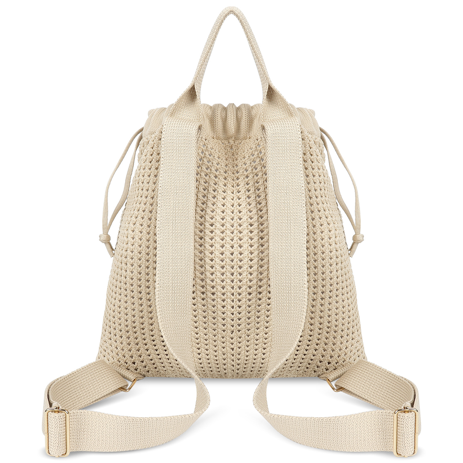 Grey Bohemian Crochet Knit Drawstring Backpack - Hand-Woven Versatile Tote & Shoulder Bag for Vacation, Travel, and Daily Use — image 3