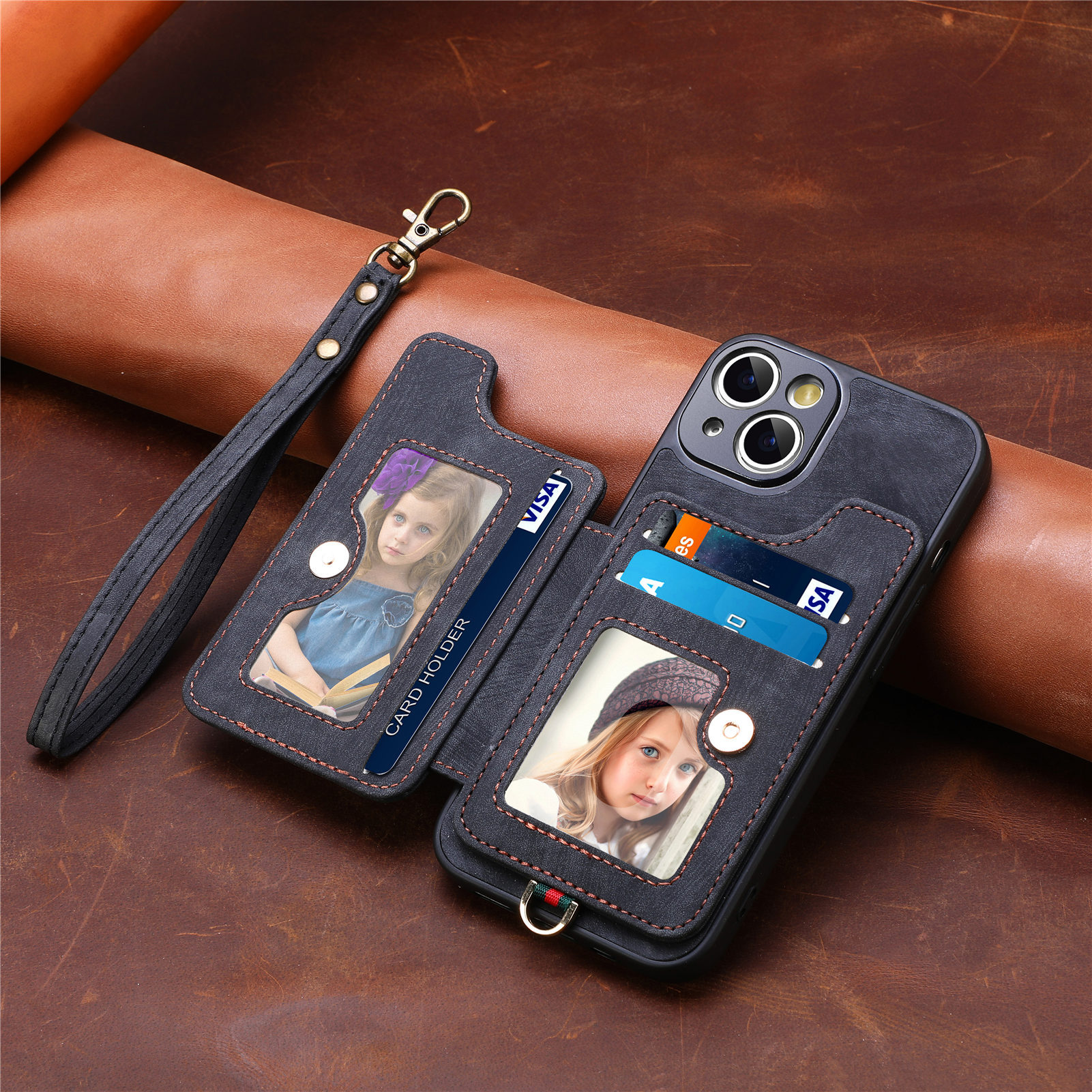 Suitable for iPhone mobile phone leather case RFID anti-theft brush ring buckle lanyard multifunctional card case Light Purple [With Leather Strap] Light — image 4