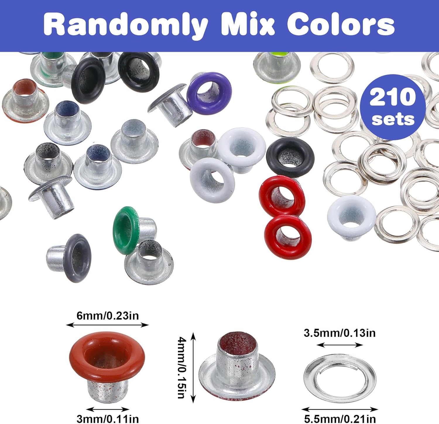 Shimmeroo 210PCS 3mm Metal Eyelets and Grommets, Colored Round Eyelets for Paper Crafts, Scrapbooking, Card Making, Fabric, Leather, Shoes