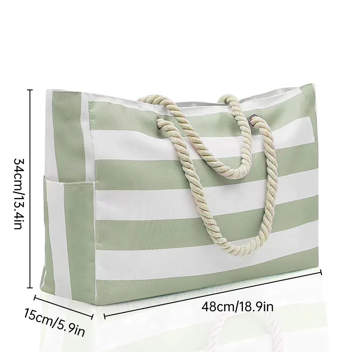Large Bohemian Striped Canvas Beach Bag Zipper Tote for Travel Outdoor Vacation - Matcha β image 4