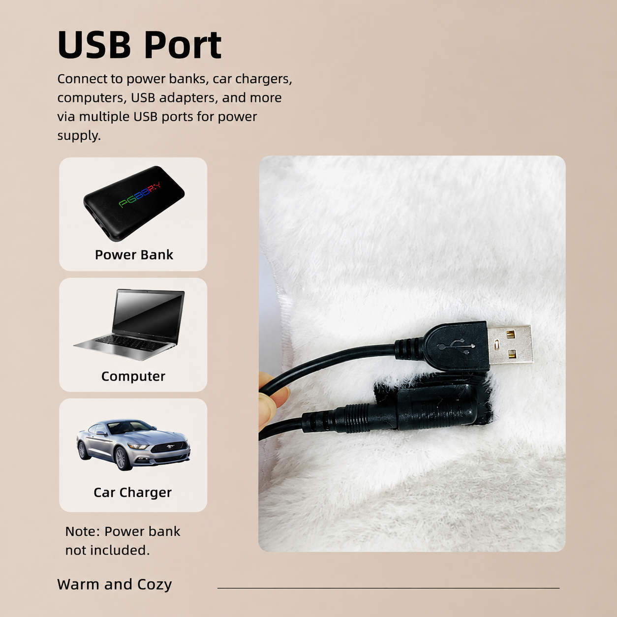 USB-Powered Faux Rabbit Fur Heating Pad for Office, Car, and Outdoor Use β Soft, Portable, and Adjustable Temperature with Timer (White) β image 5