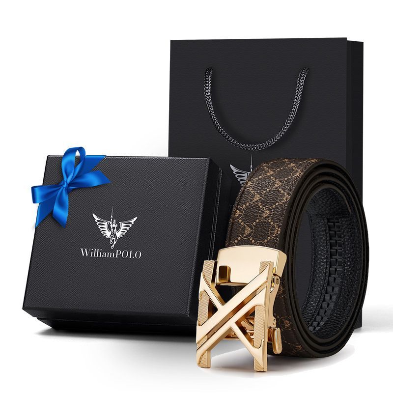 Men'S Genuine Leather Belt X-Shaped Buckle Men'S Accessories Trendy Belt - Khaki strap with gold buckle - Size 110cm — image 3