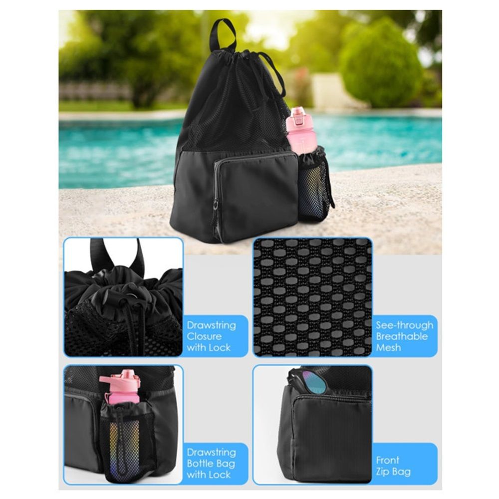 Swim Bag Beach Backpack with Wet Pocket Mesh Drawstring Bags for Swimming, Gym black Mesh Swim Bag Beach Drawstring Backpack, Waterproof Gym Bags for Women and โ image 2