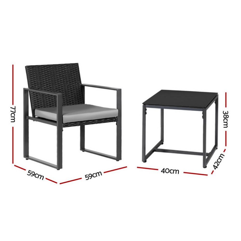 Gardeon 3PC Outdoor Bistro Set Patio Furniture Wicker Dining Chairs Table Cushion Black โ image 2