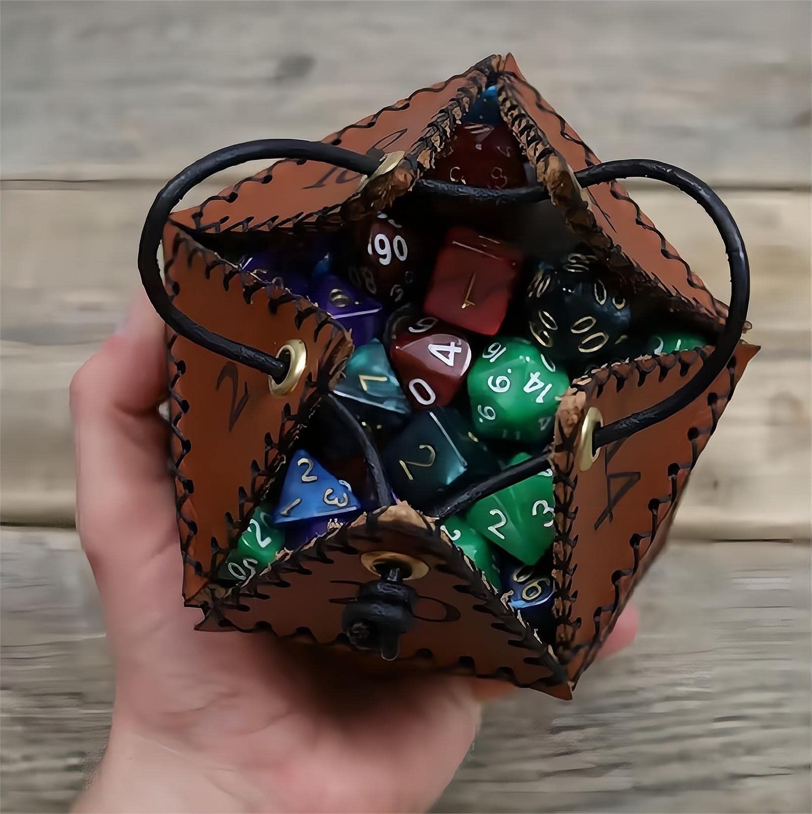 Leather D20 Dice Bag, Polyhedral Dice Pouch Portable Drawstring Bag for RPG,Game,DND Dice Bag, Brown — image 2