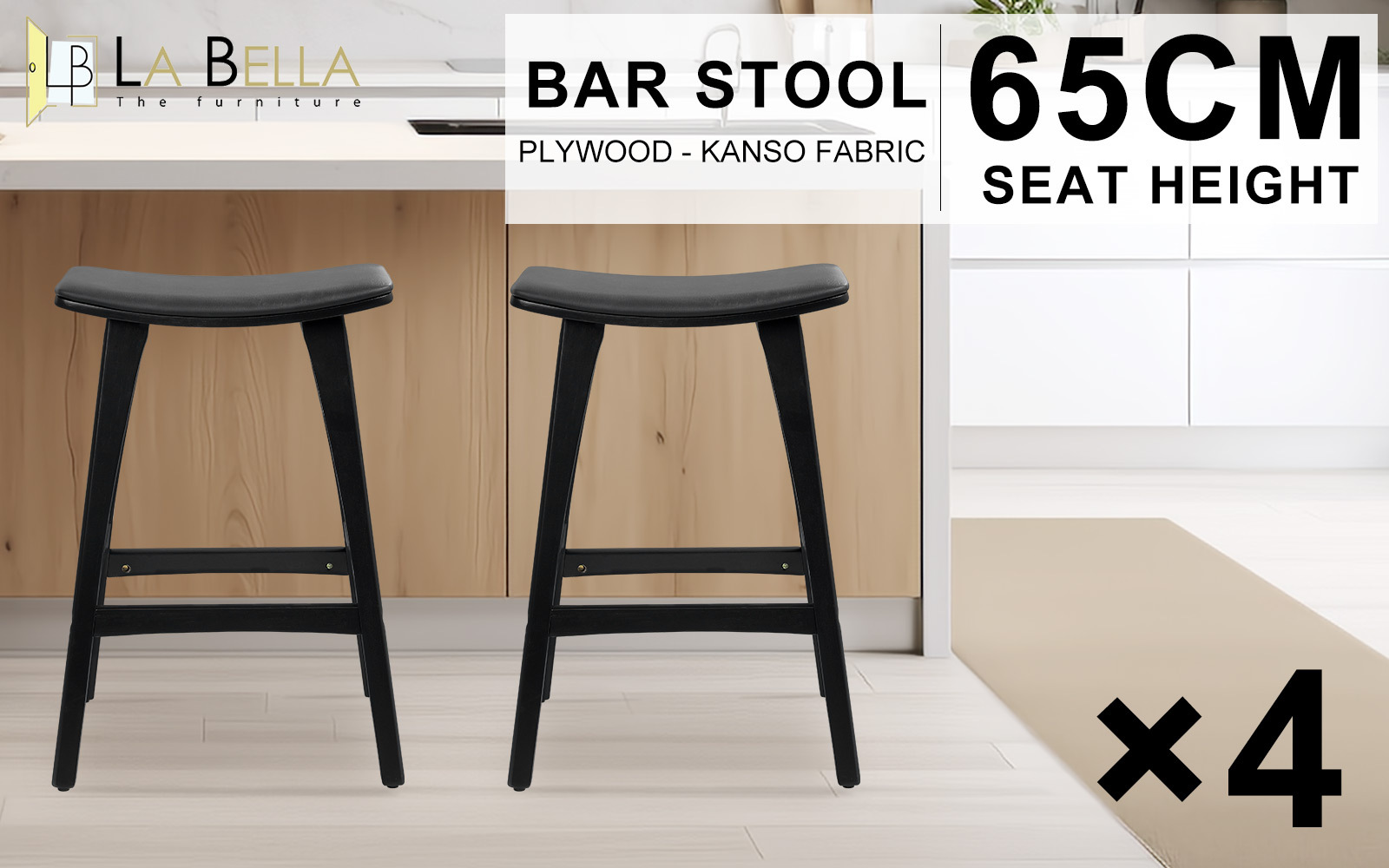 4X Wooden Bar Stool Padded PU Leather Dining Chair KANSO 65cm BLACK — image 2