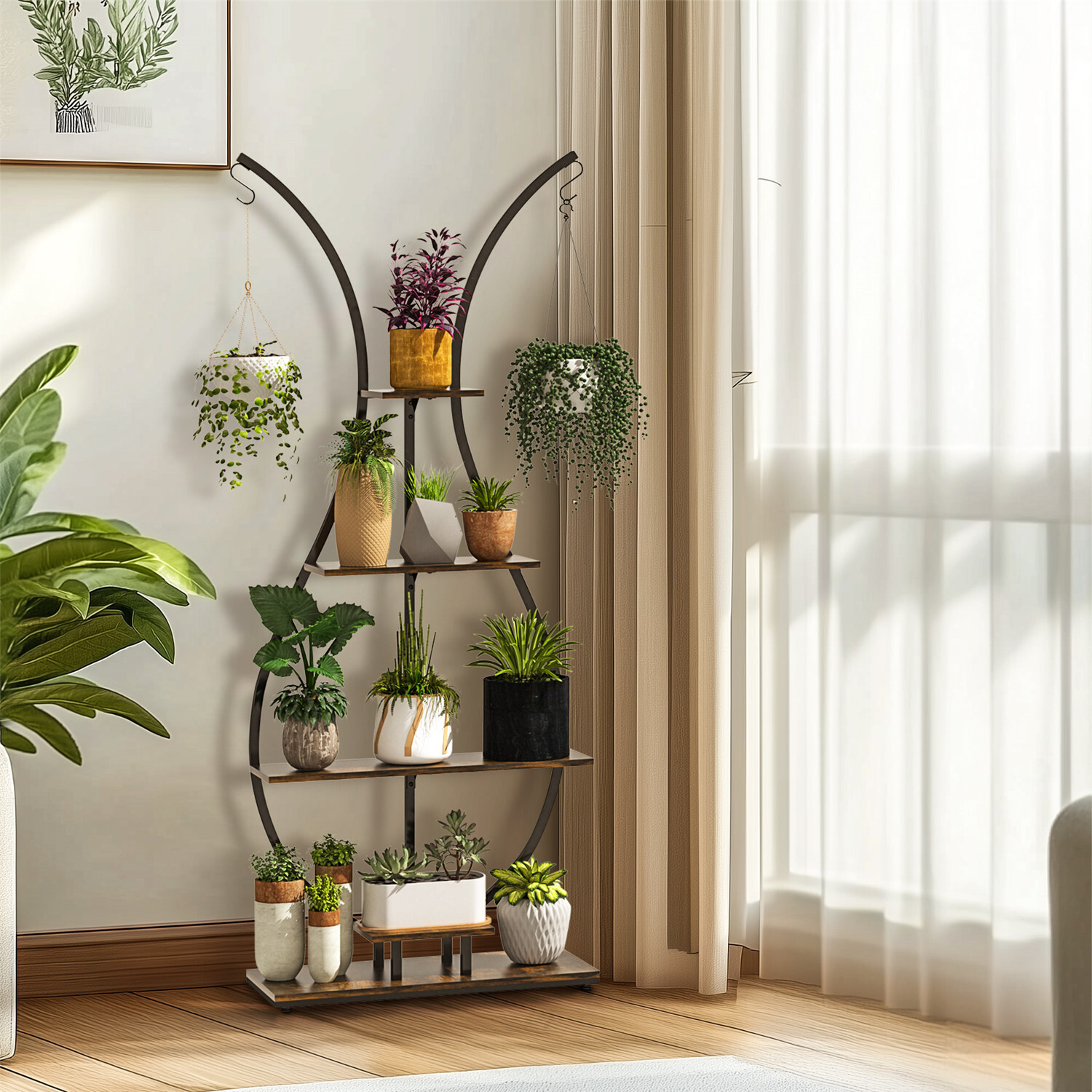 180Cm Tall Plant Stand Indoor Vase-Shape Metal Plant Shelf With Hanging Hooks — image 3
