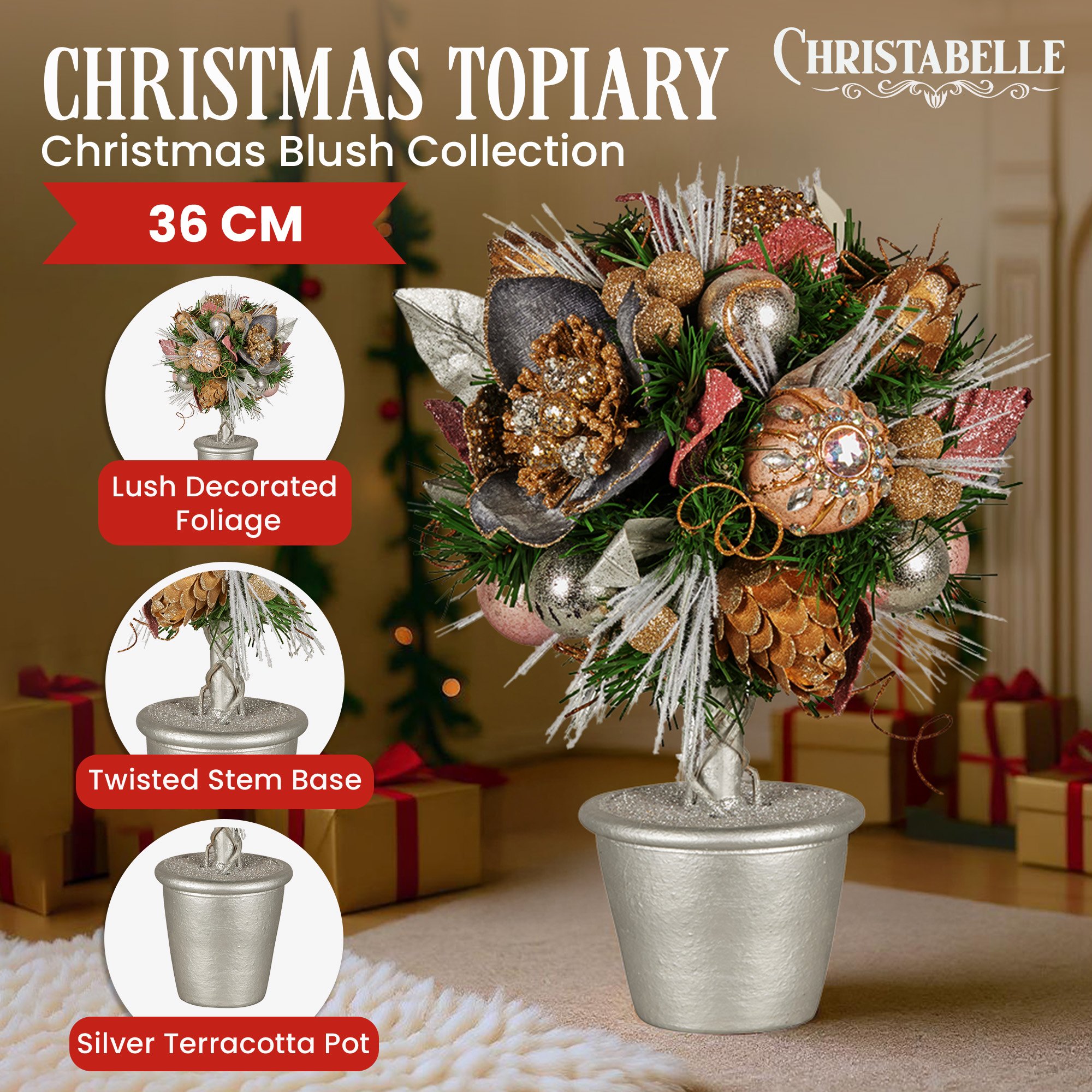 Christabelle 36cm Christmas Tabletop Topiary Tree Jewelled Baubles, Berries, Flowers and Pine Cones Festive Decoration — image 2