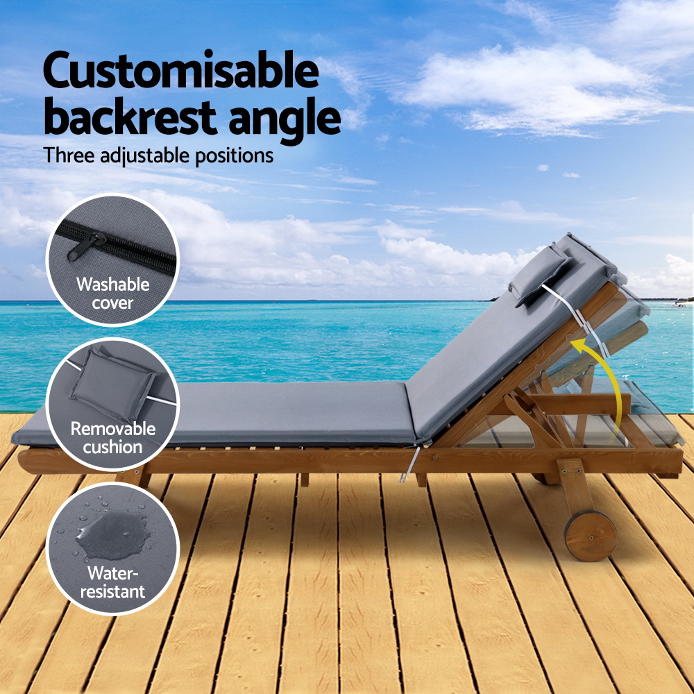 Gardeon 2x Sun Lounge Wooden Lounger Outdoor Furniture Day Bed Wheel Patio Grey โ image 5