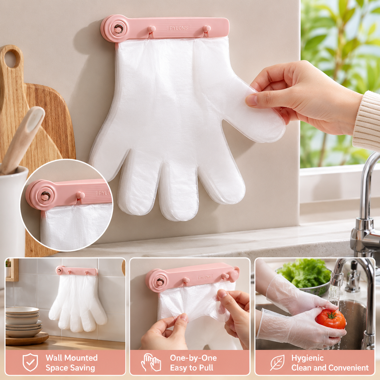 Kitchen Wall Hanging Glove Organizer Set, 100Pcs Lazy Disposable Gloves with 1pc Pink Glove Clip Rack for Restaurant, Hotel, Household Cleaning — image 4