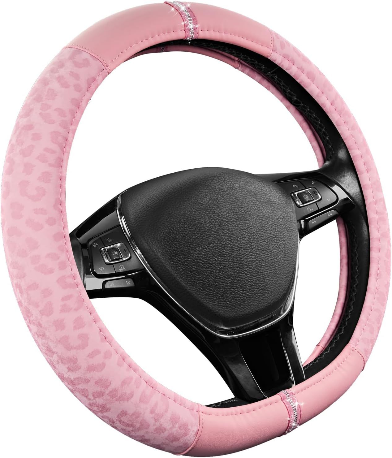 Leopard Steering Wheel Cover for Women, Cute Anti-Slip Microfiber Leather, Fits D Shape Flat Bottom Steering Wheel 14.5-15 Inch - Pink and Pink Leapoard โ image 2