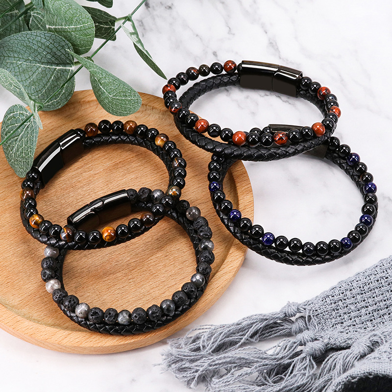 Natural Tiger Eye Stone Men's Leather Bracelet with Magnetic Clasp Beaded Braided Wristband Jewellery Gift 21cm โ image 2