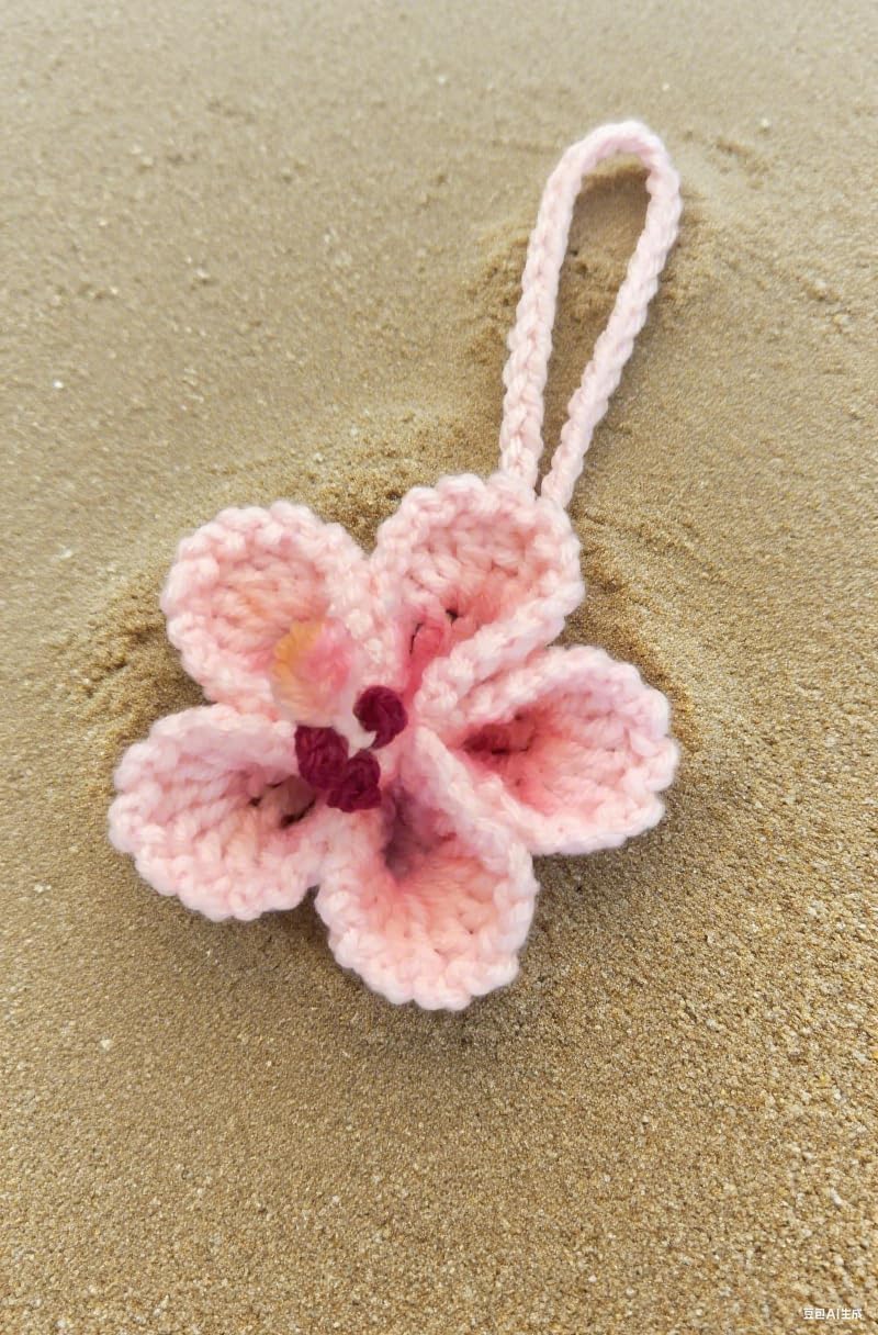 Hibiscus Car Ornaments, Crochet Hawaiian Tropical Flower Bag Charms Decoration Car Mirror Beach Accessories (Pink) — image 4