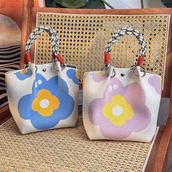 Handbags - Vintage Knitted Shoulder Bags - Casual Knitted Bags - Floral Design - Woven Handle Shopper for Daily Outings & Shopping(Blue) — image 3