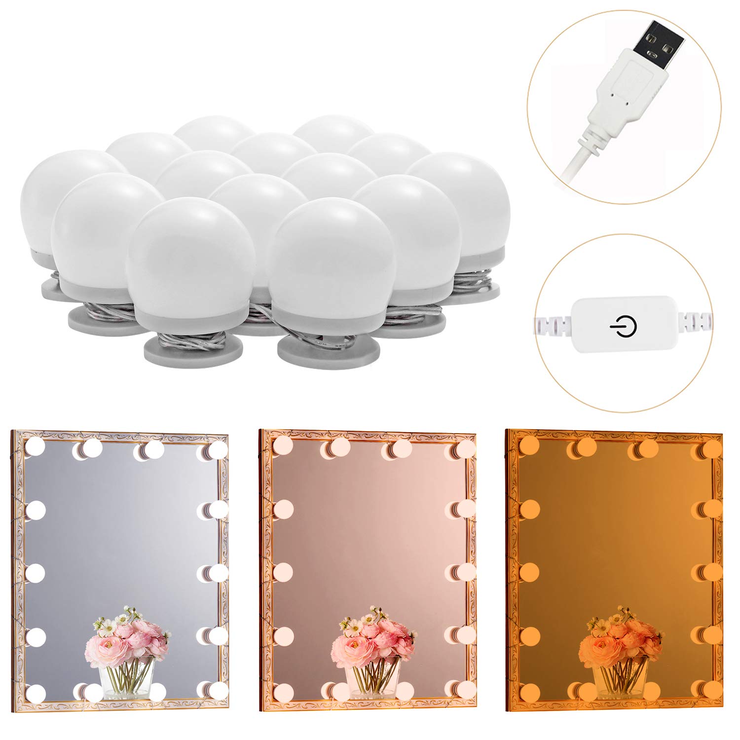 LED Makeup Vanity Lights with 14 Dimmable Light Bulbs, Hollywood Style Cosmetic Mirror Lights, USB Cable, 3 Color Modes for Dressing Room Tabletop Bedroom โ image 3