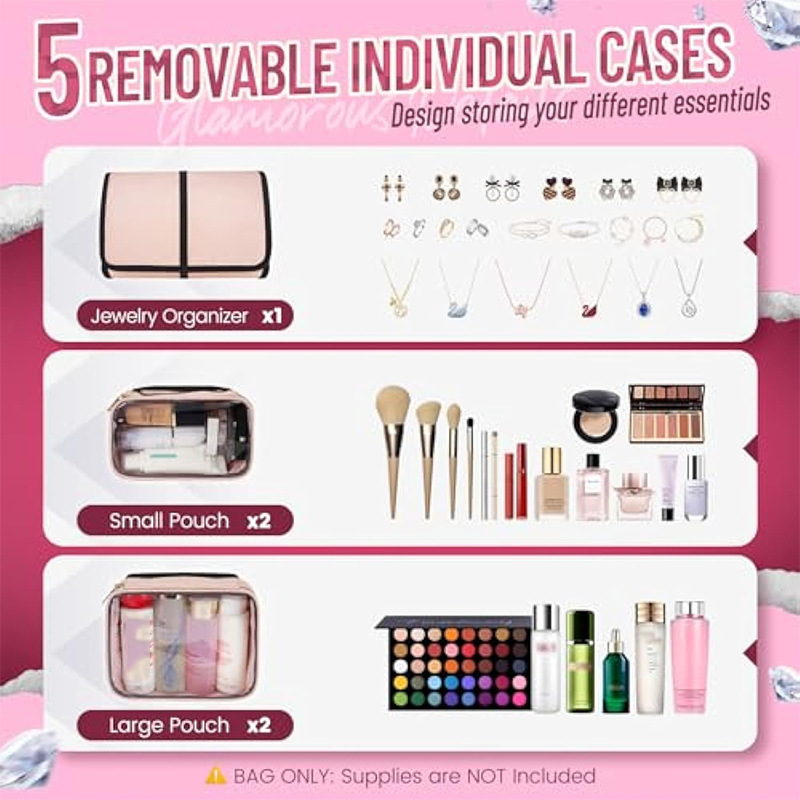 Pink 4-in-1 Travel Cosmetic Organizer Bag with Detachable Polyester Storage Boxes and Jewelry Roll, Multiple Compartments, Portable Makeup Bag โ image 4