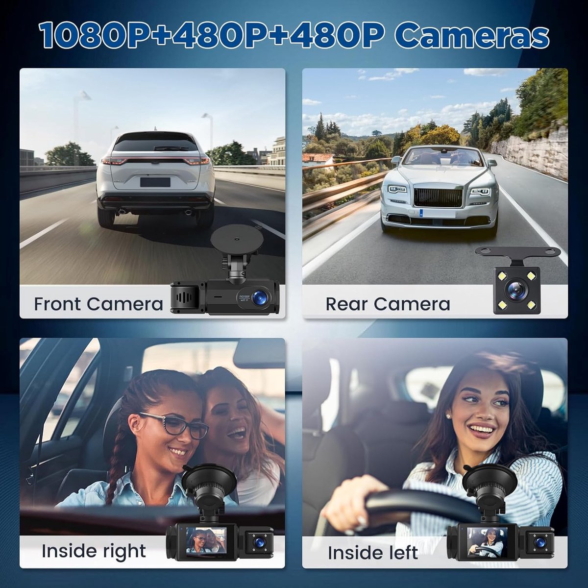 WiFi Car Dash Cam – 3-Channel Wireless Camera with App, Front, Interior, and Rear Cameras, Full HD 1080p, 2-inch IPS Screen, Night Vision, Motion Detection — image 4