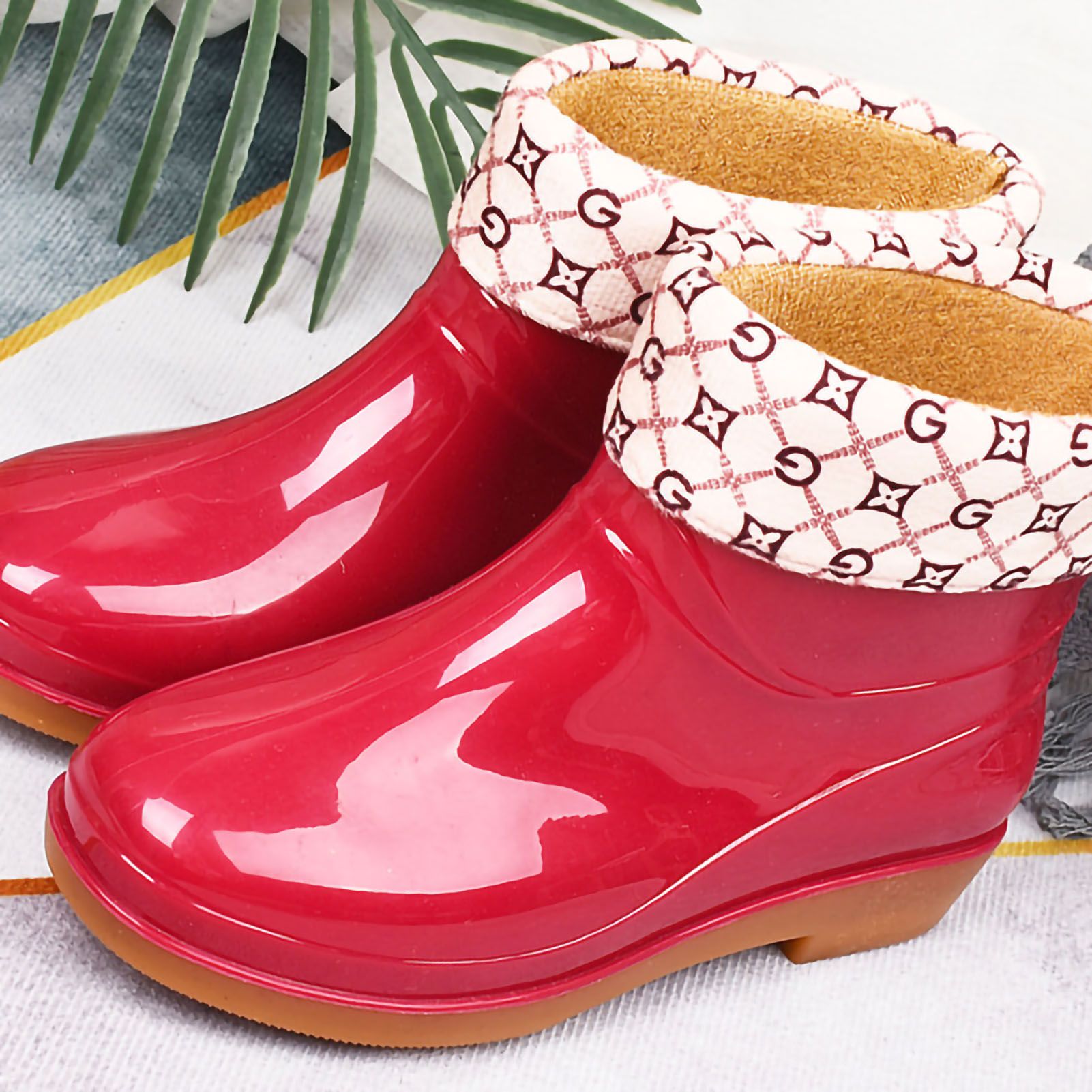 Womens Rain Boots Fashion Antiskid Short Rain Boot Round Head Radian PVC Plastic Rain Boots Red Padded 37 โ image 2