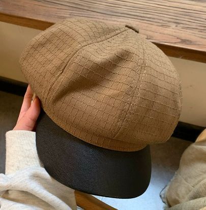 Small Plaid Leather Brim Octagonal Hat, Coffee Tone, Adjustable 56‑58cm, Christmas & Halloween Retro Daily Accessory, Fashion Vintage Cap, Holiday Souvenir