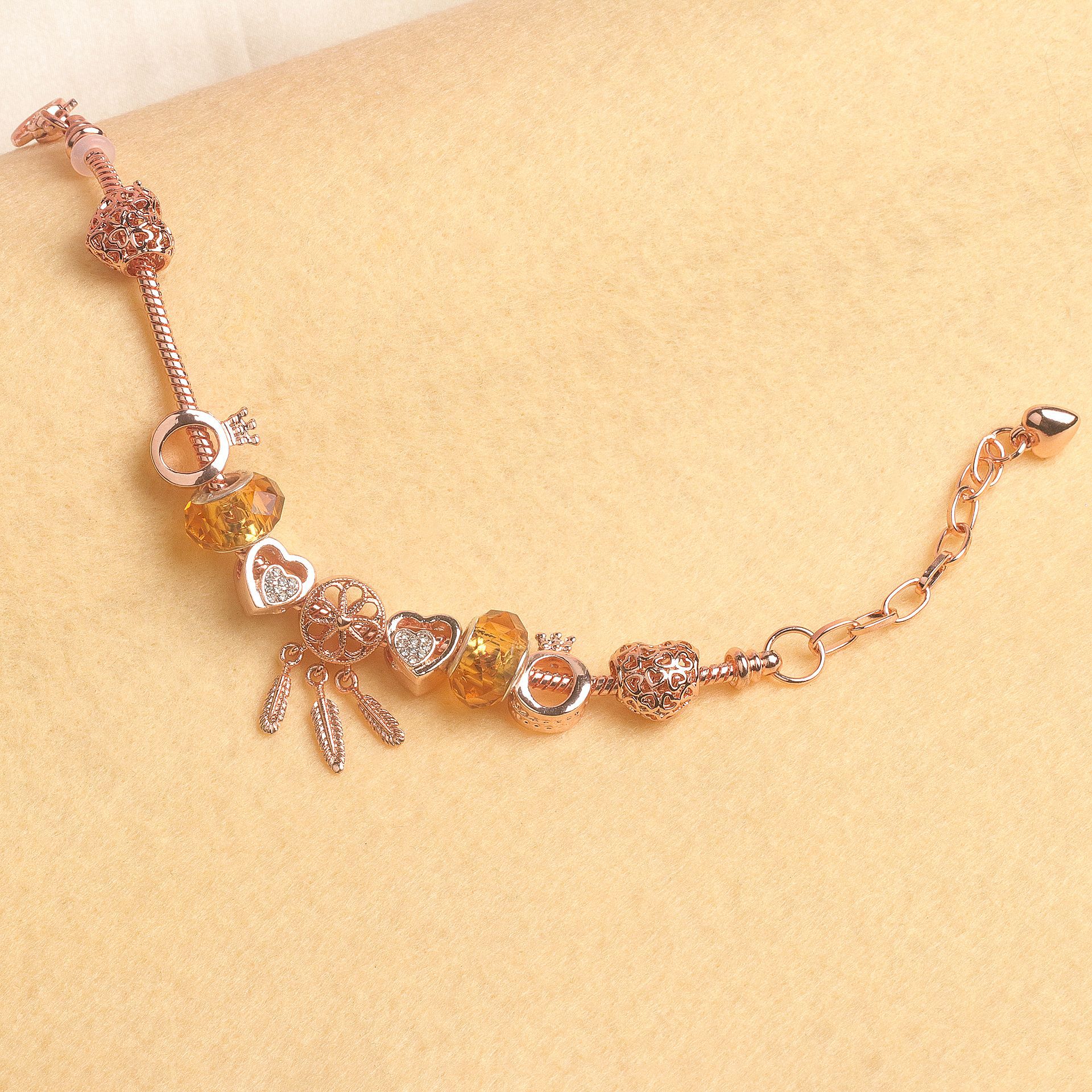 Rose Gold Plated Charm Bracelet with Zircon, Hollow Heart, Flower, Crown & Glass Beads(19cm) โ image 4