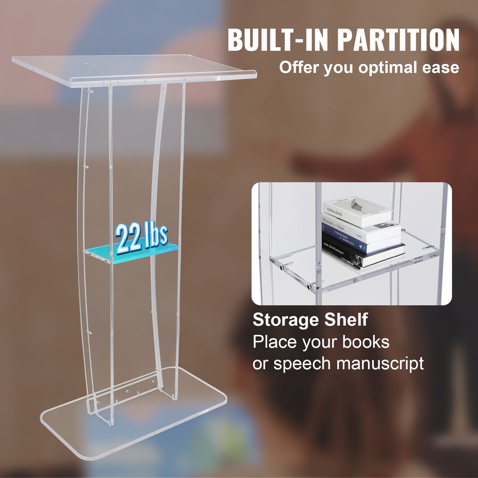 Acrylic Podium, 47" Tall, Clear Acrylic Podium Stand with Wide Reading Surface & Storage Shelf, Floor-standing Clear Pulpits Acrylic for Church Office School โ image 6