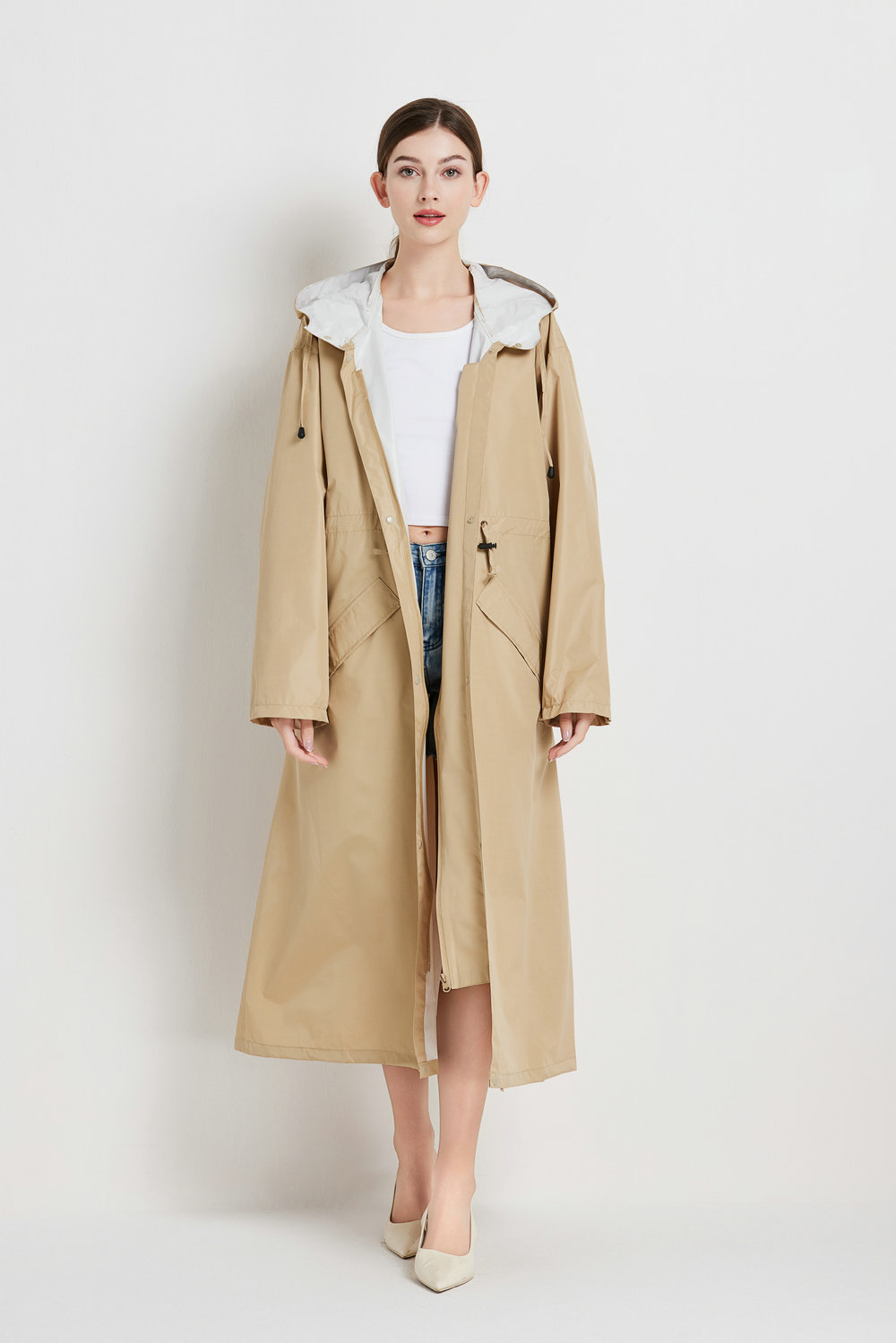 Size M Khaki Women's Chic Lightweight Waterproof Raincoat - Long Hooded Packable Rain Jacket with Pouch — image 3