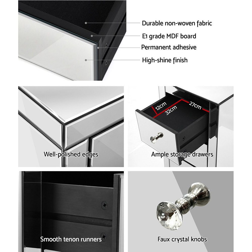 Artiss Set of 2 Bedside Table 3 Drawers Mirrored Glass - PRESIA Silver โ image 6