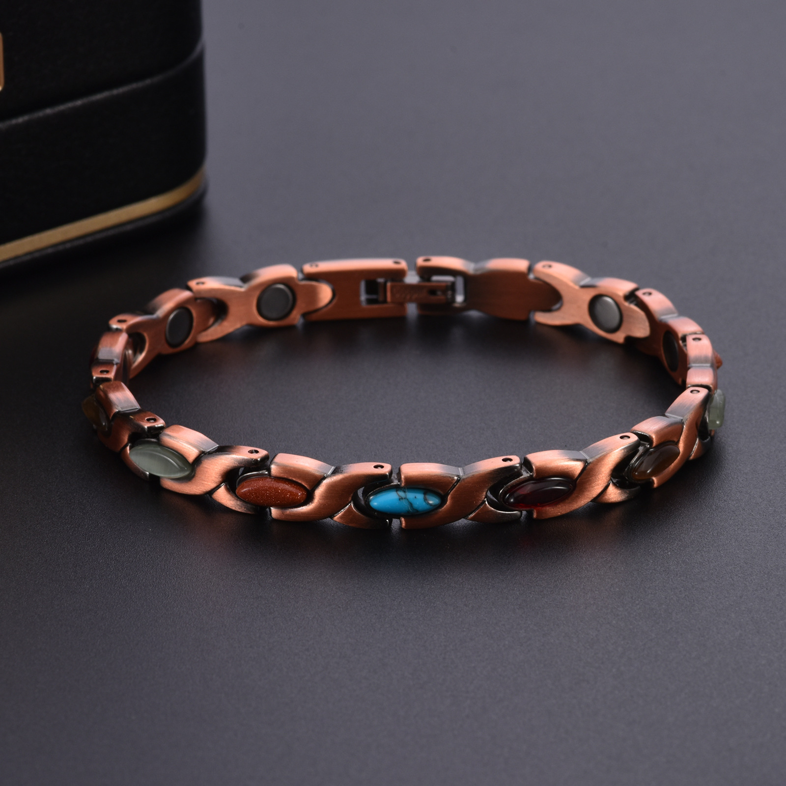 Vintage Copper Tone Magnetic Bracelet Unisex Fish Link Chain with Colourful Stones 19.5cm Bangle for Men and Women Jewellery Gift — image 3