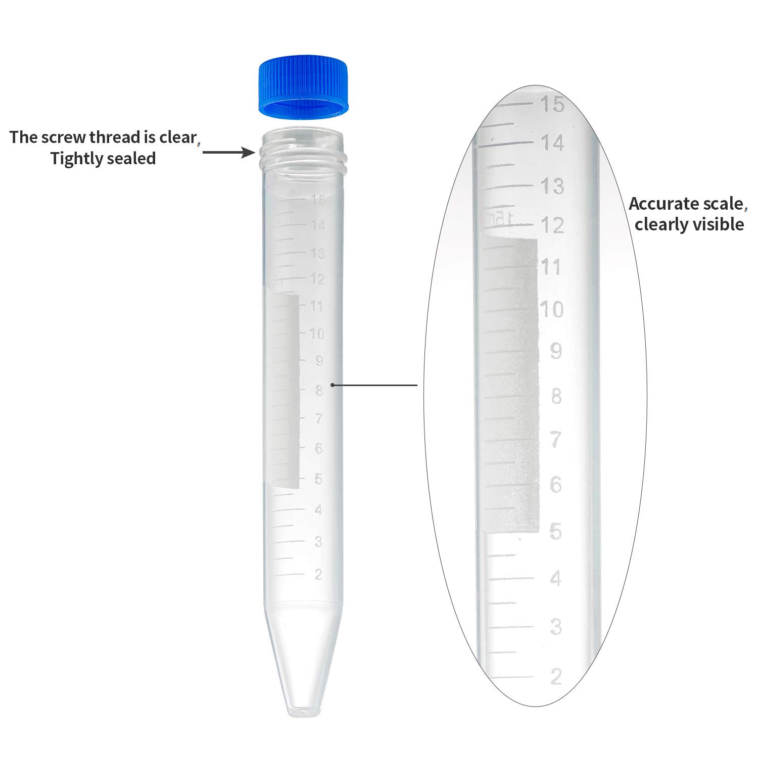 Ackers Conical Centrifuge Tubes 15mL, 100 Pcs Sterile Plastic Test Tubes with Screw Caps, Polypropylene Container with Graduated and Write-on Spot — image 4